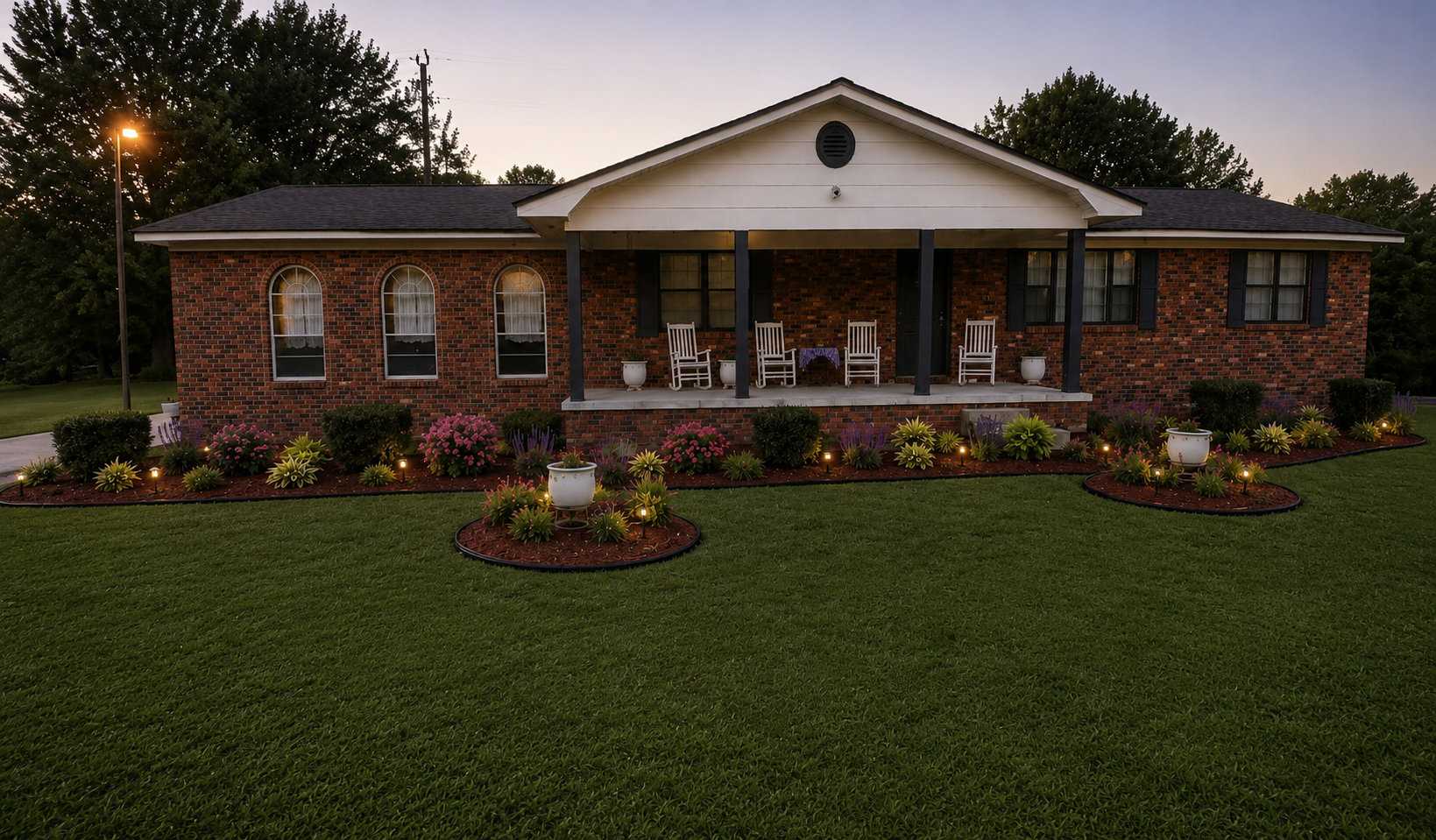 A beautifully landscaped Mississippi brick home at dusk with manicured lawn and flower beds