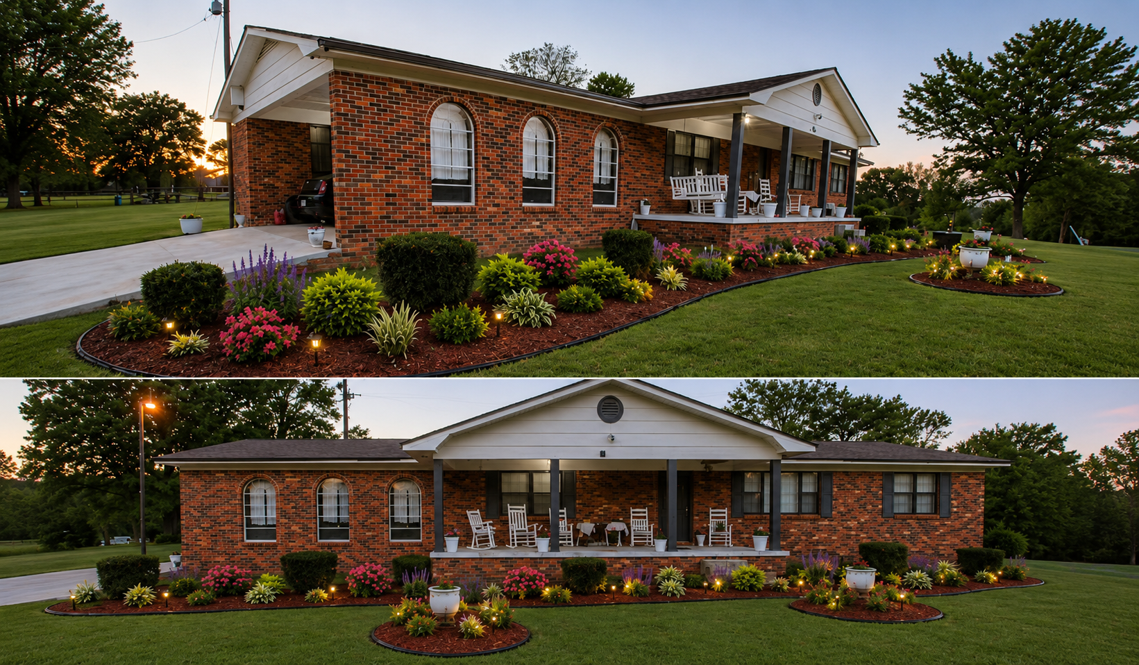Two views of a Mississippi brick home with full landscaping, fresh mulch beds, flowering plants, and pathway lighting